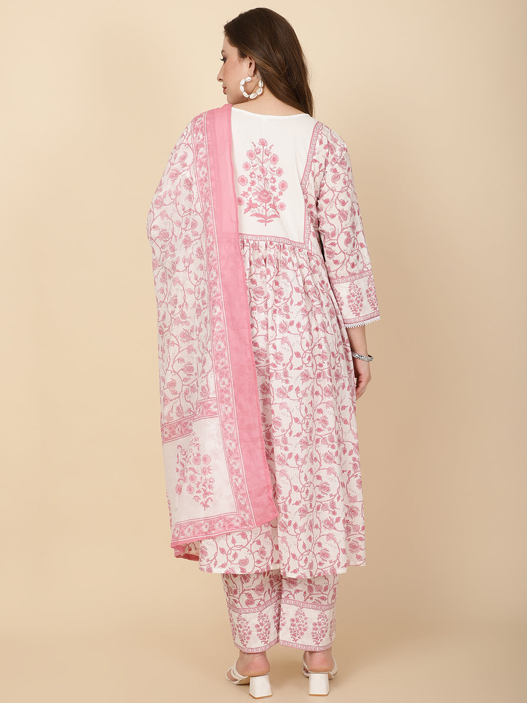 Floral Block Printed Cotton Kurta With Pants &amp; Dupatta