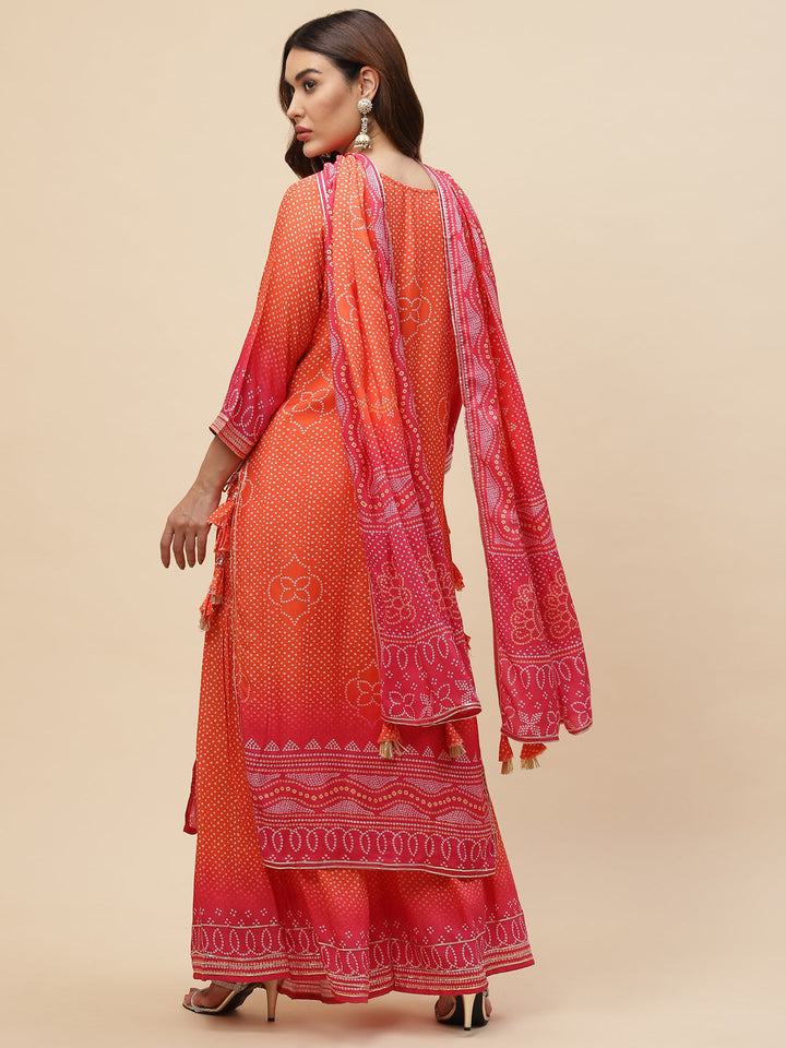 Bandhani Printed Muslin Kurta With Sharara With Dupatta