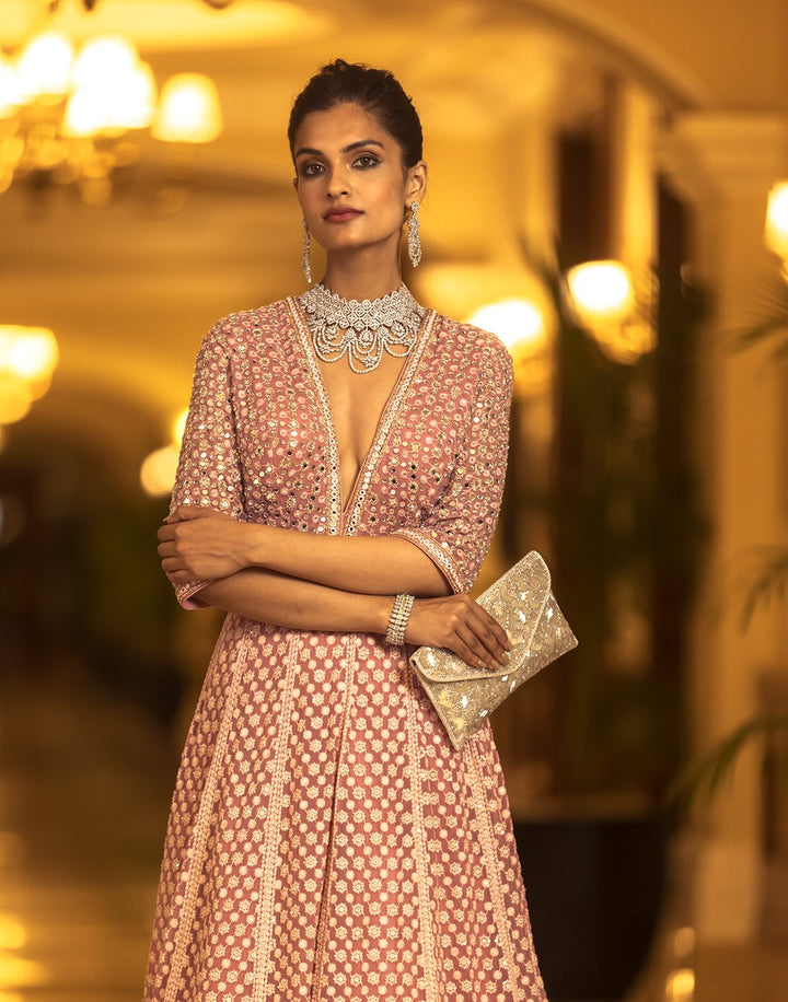 Mirror Work Embroidered Georgette Anarkali Salwar Kameez Stitched Suit