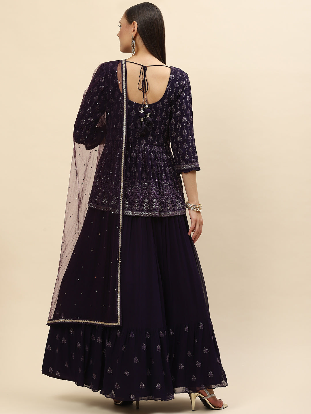 Sequin Embroidered Georgette Peplum Choli With Lehenga &amp; Dupatta