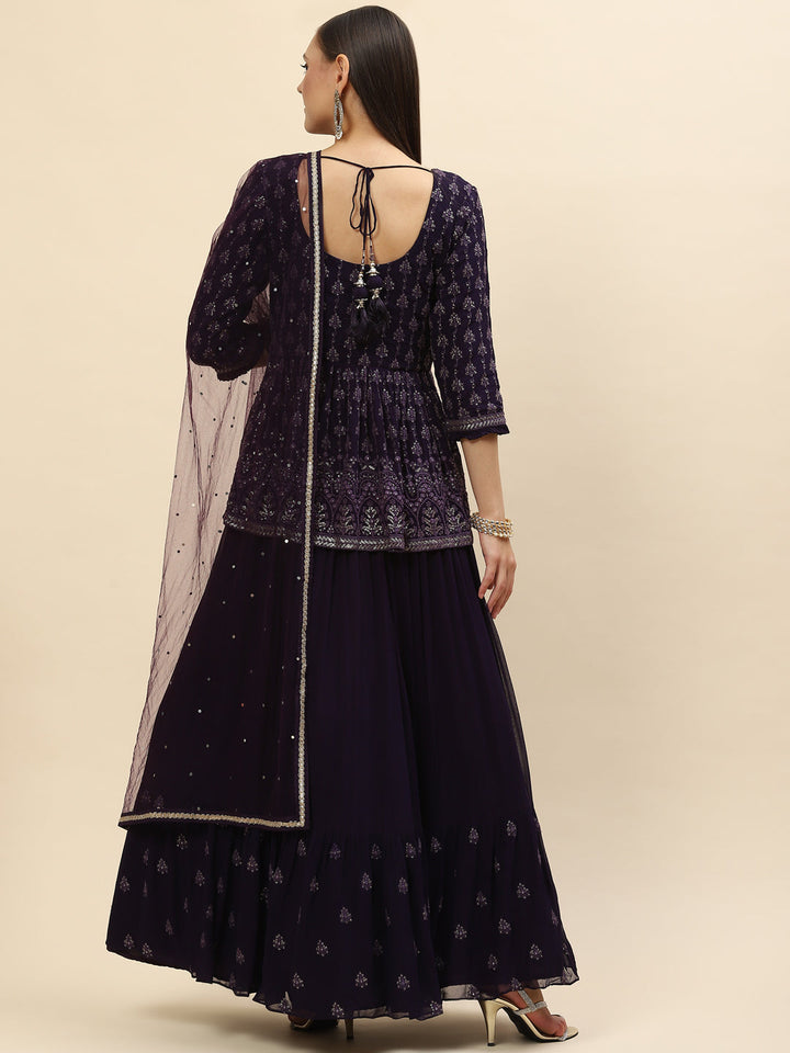 Sequin Embroidered Georgette Peplum Choli With Lehenga &amp; Dupatta