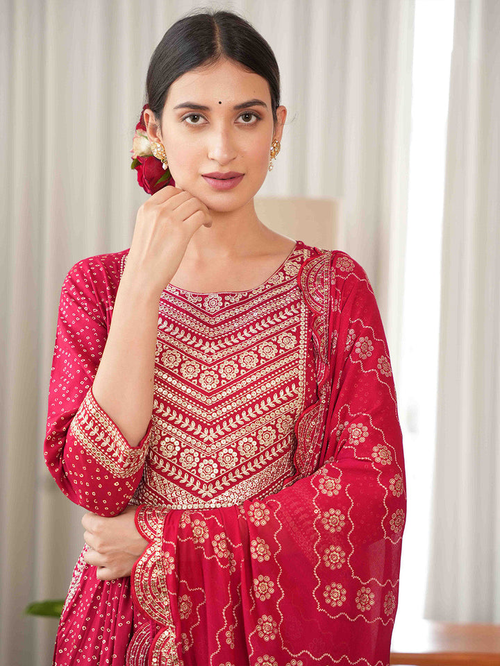 Bandhani Embroidered Rayon Kurta With Pants &amp; Dupatta