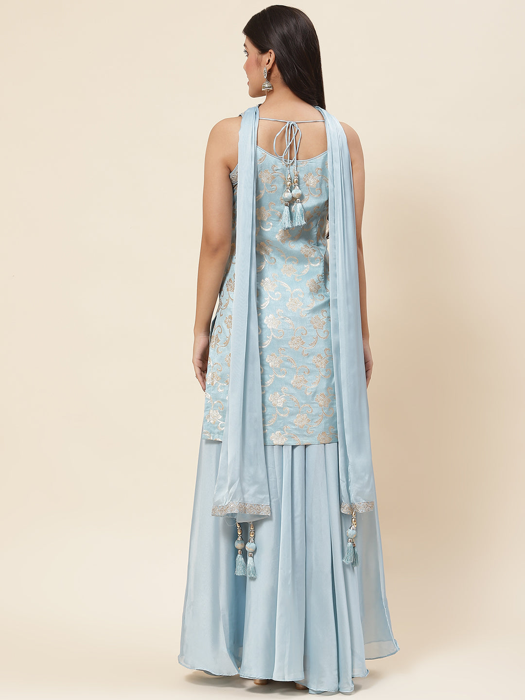 Floral Woven Georgette Kurta With Sharara &amp; Dupatta