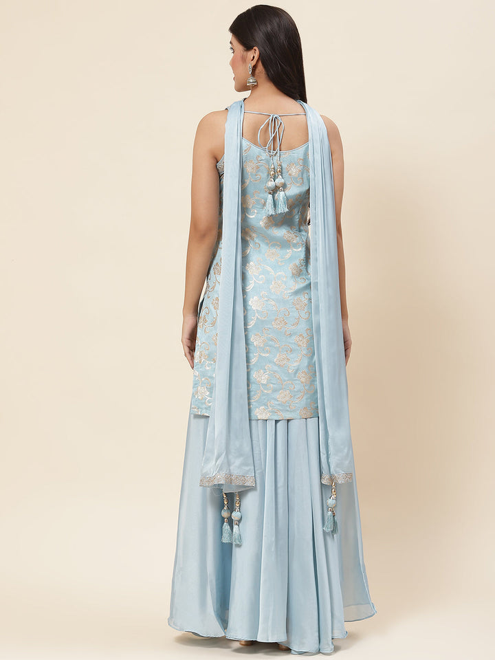 Floral Woven Georgette Kurta With Sharara &amp; Dupatta