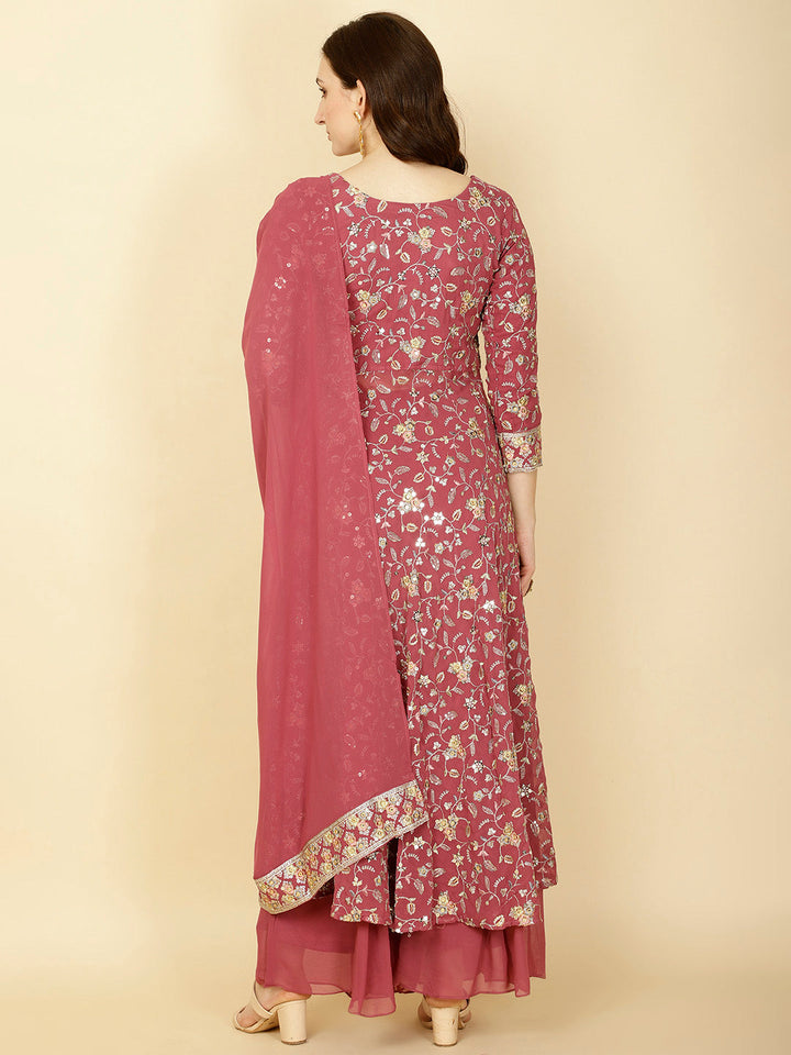 Resham Sequin Embroidery Georgette Kurta With Sharara &amp; Dupatta