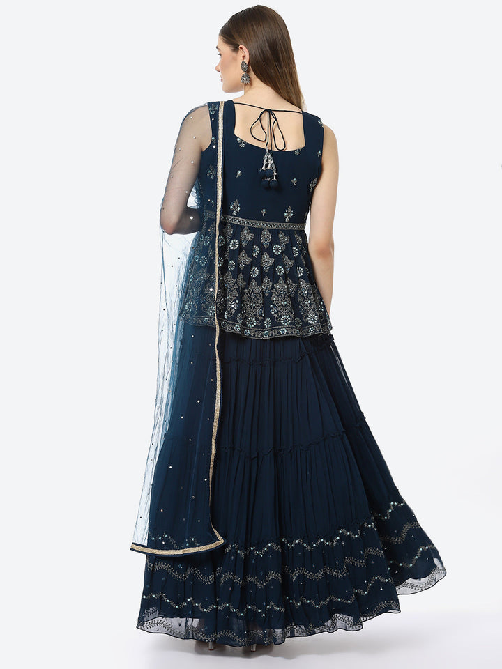 Resham Embroidered Georgette Choli With Lehenga &amp; Net Dupatta