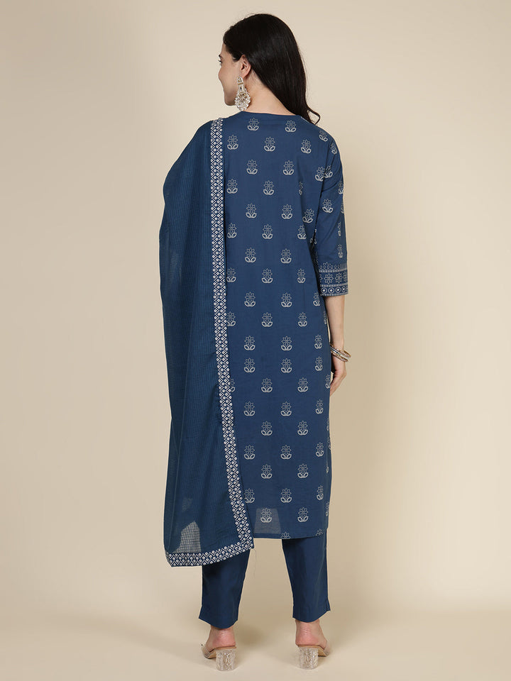 Printed Cotton Blend Kurta With Pants &amp; Dupatta