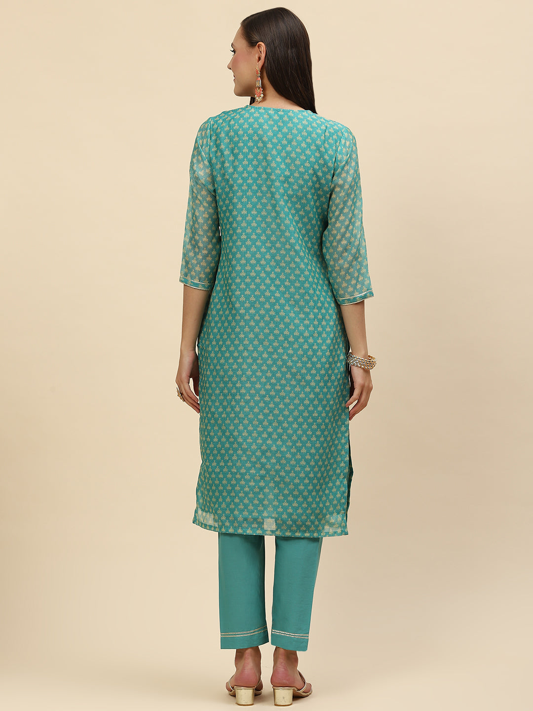 Gota Neck & Printed Chanderi Kurta With Pants