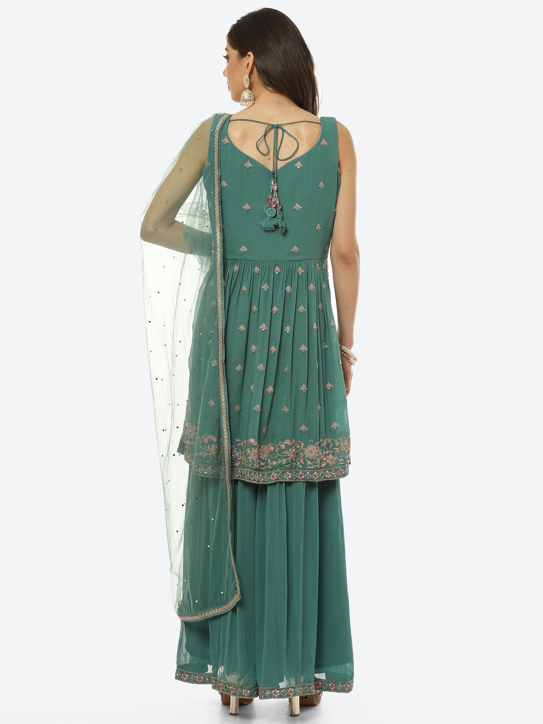 Embroidered Art Georgette Kurti With Sharara And Net Dupatta