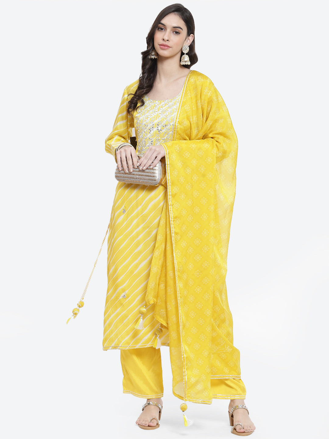 Leheriya Printed Gota Work Cotton Stitched Salwar Kameez With Printed Organza Dupatta