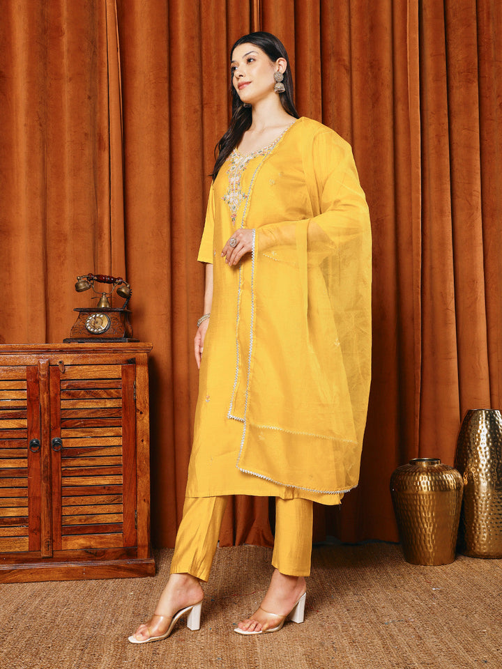 Embroidered Cotton Blend Kurta With Pants &amp; Dupatta