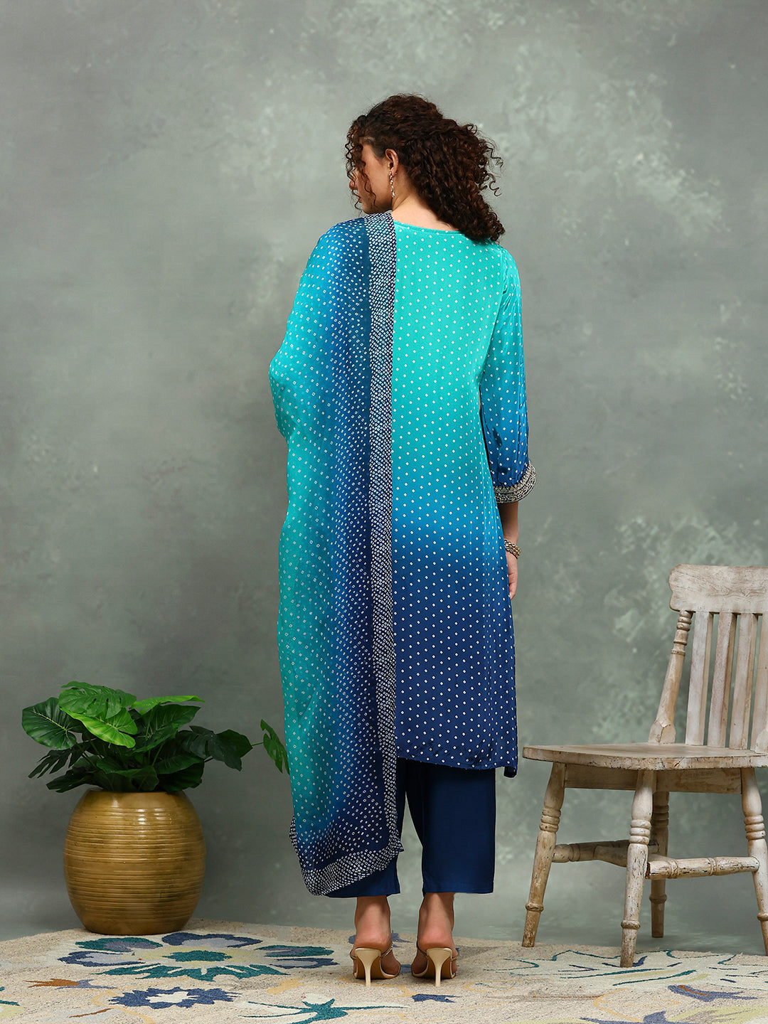 Bandhani Printed Crepe Kurta With Pants &amp; Dupatta