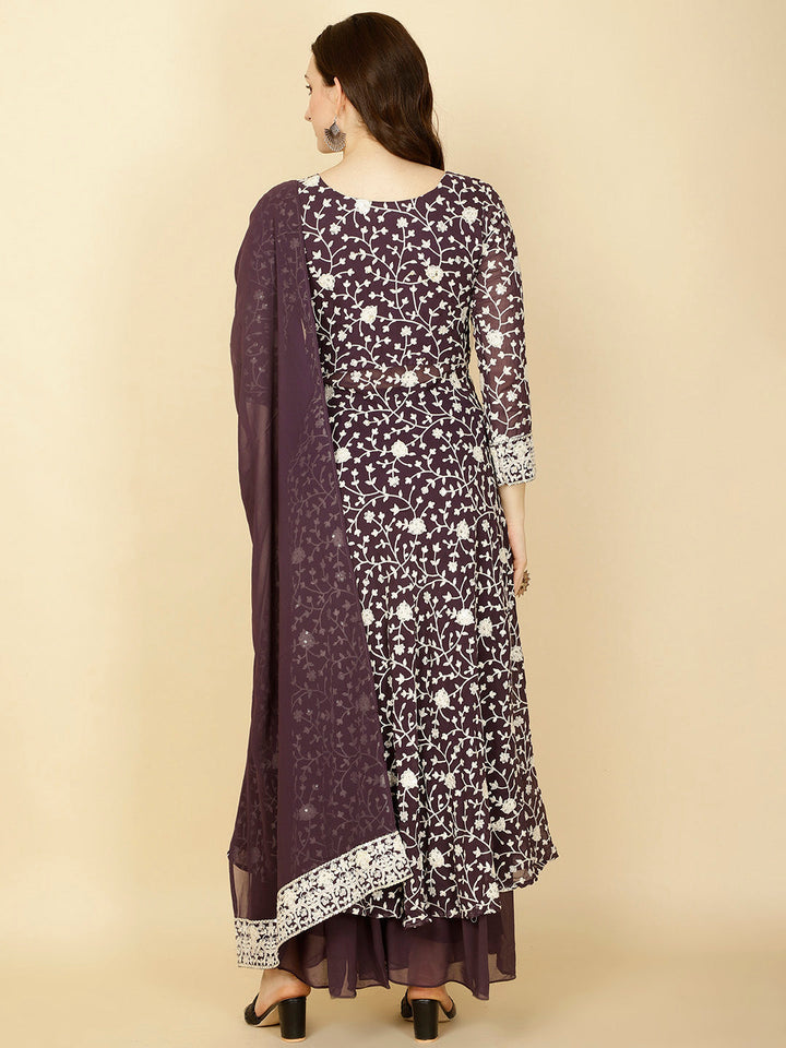 Resham Embroidery Georgette Kurta With Sharara &amp; Dupatta