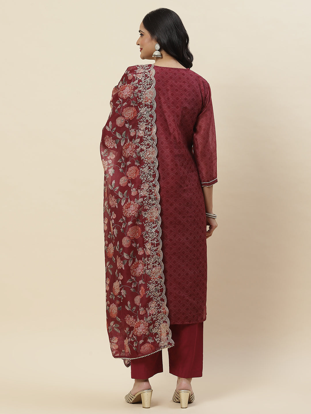 Printed &amp; Neck Embroidered Chanderi Kurta With Pants &amp; Dupatta