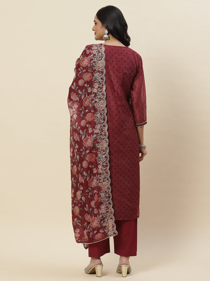 Printed &amp; Neck Embroidered Chanderi Kurta With Pants &amp; Dupatta