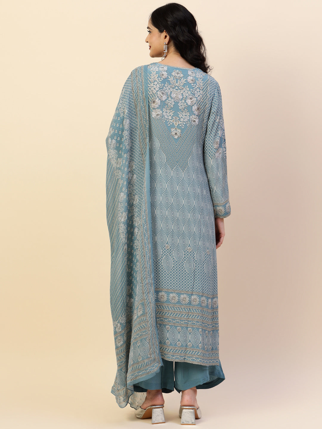 Digital Printed Crepe Kurta With Palazzo &amp; Dupatta