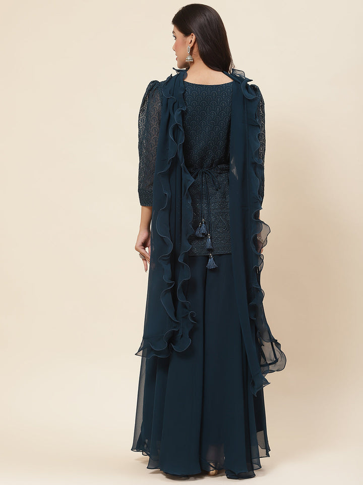 Resham Embroidered Georgette Kurti With Palazzo &amp; Dupatta