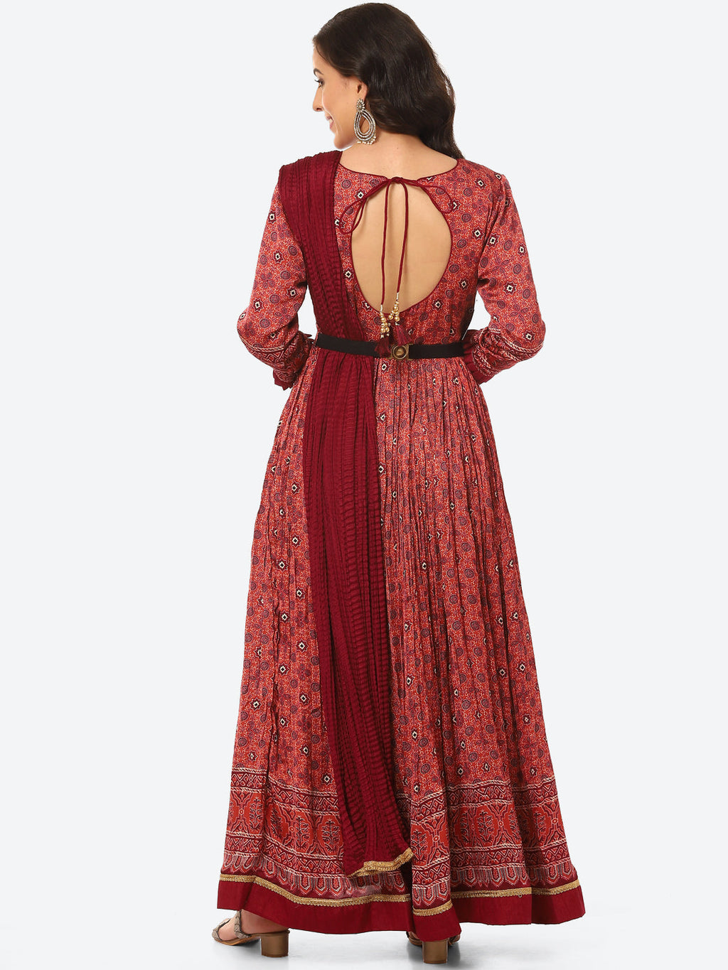 Printed Satin Anarkali Kurta With Churidar With Dupatta
