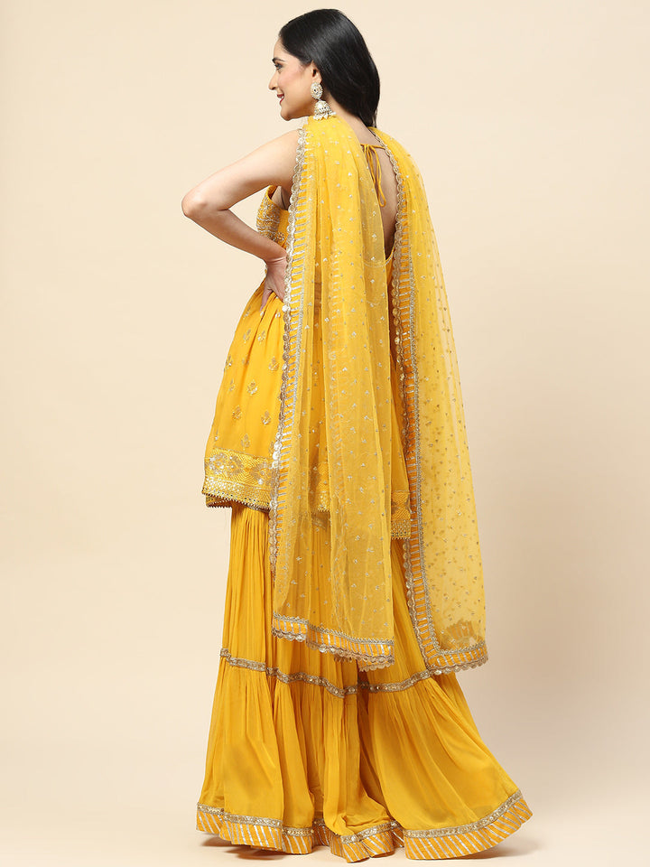 Resham Sequin Embroidered Georgette Kurta With Palazzo &amp; Dupatta