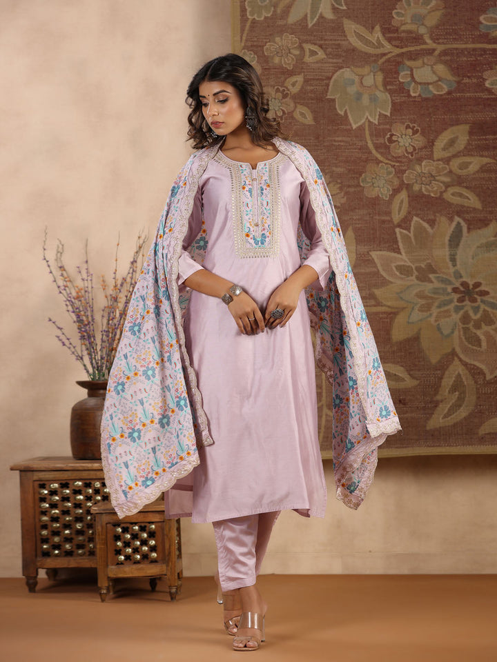 Neck Embroidered Chanderi Kurta With Pants &amp; Dupatta