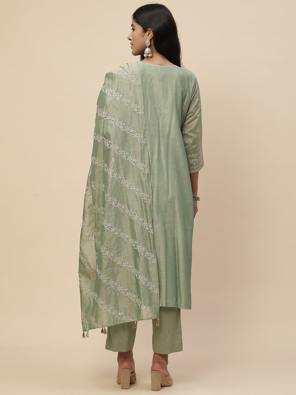 Zari Embroidered Cotton Kurta With Pants & Dupatta