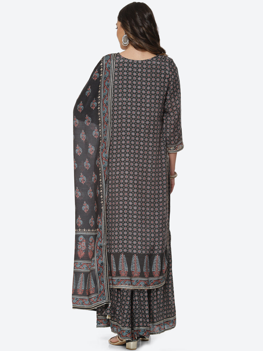 Gota Neck Printed Cotton Kurta With Garara & Dupatta