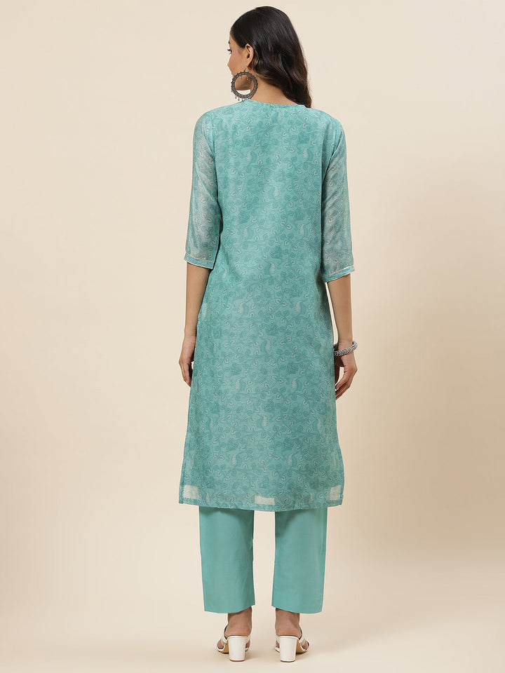 Printed &amp; Neck Embroidered Chanderi Kurta With Pants