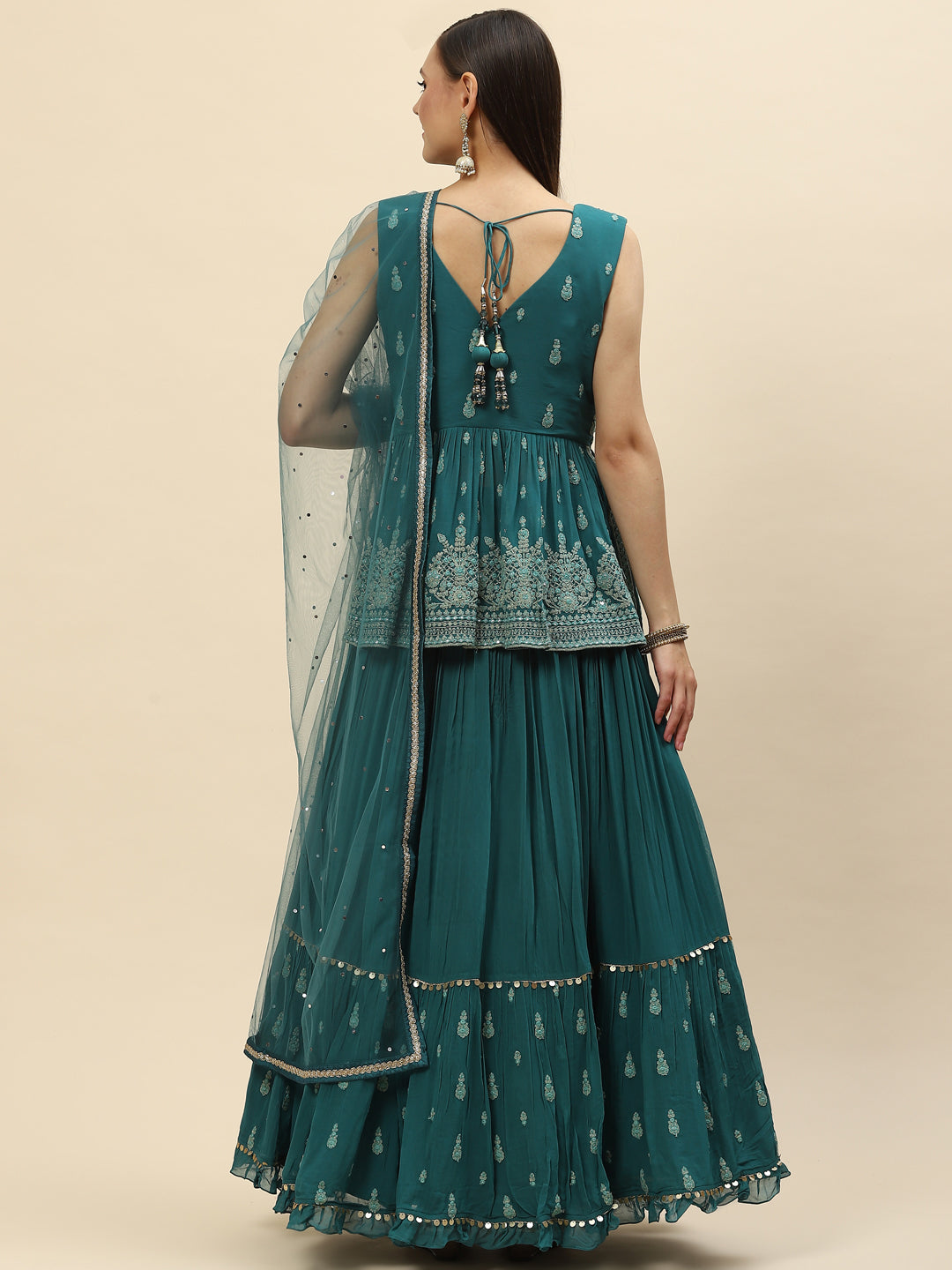 Resham Zari Embroidered Georgette Peplum Choli With Lehenga &amp; Dupatta