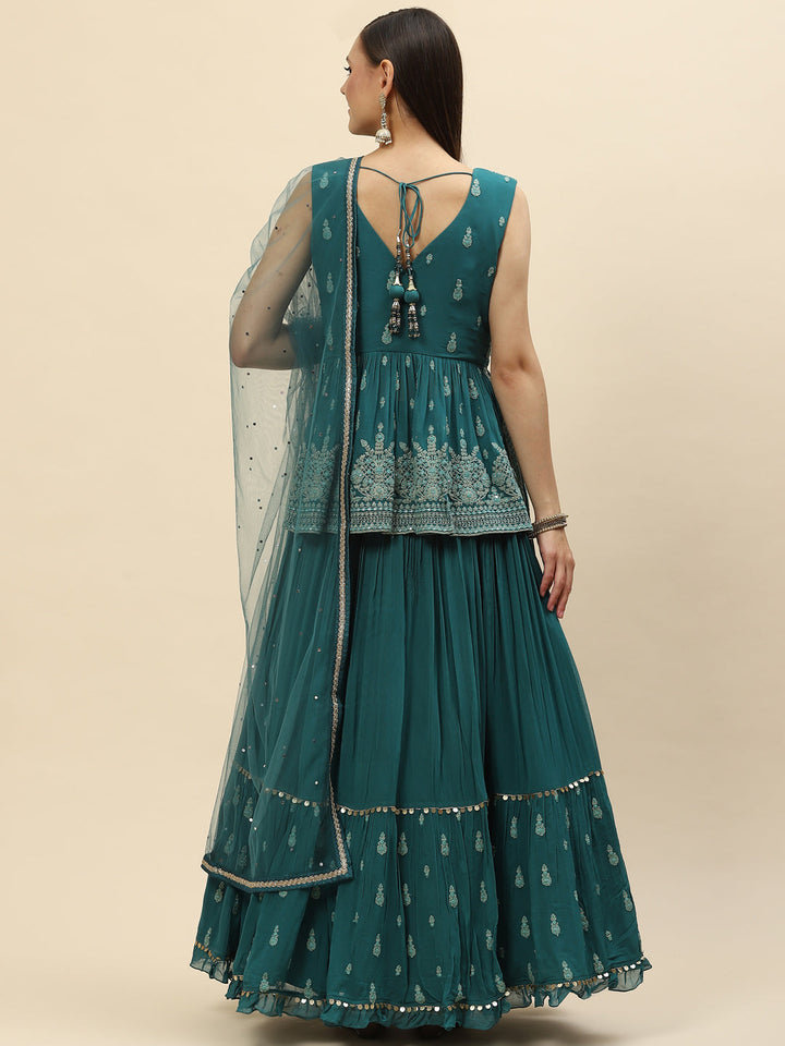 Resham Zari Embroidered Georgette Peplum Choli With Lehenga &amp; Dupatta
