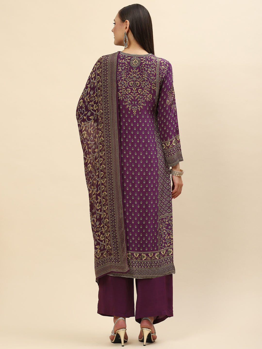 Floral Digital Printed Crepe Kurta With Palazzo &amp; Dupatta