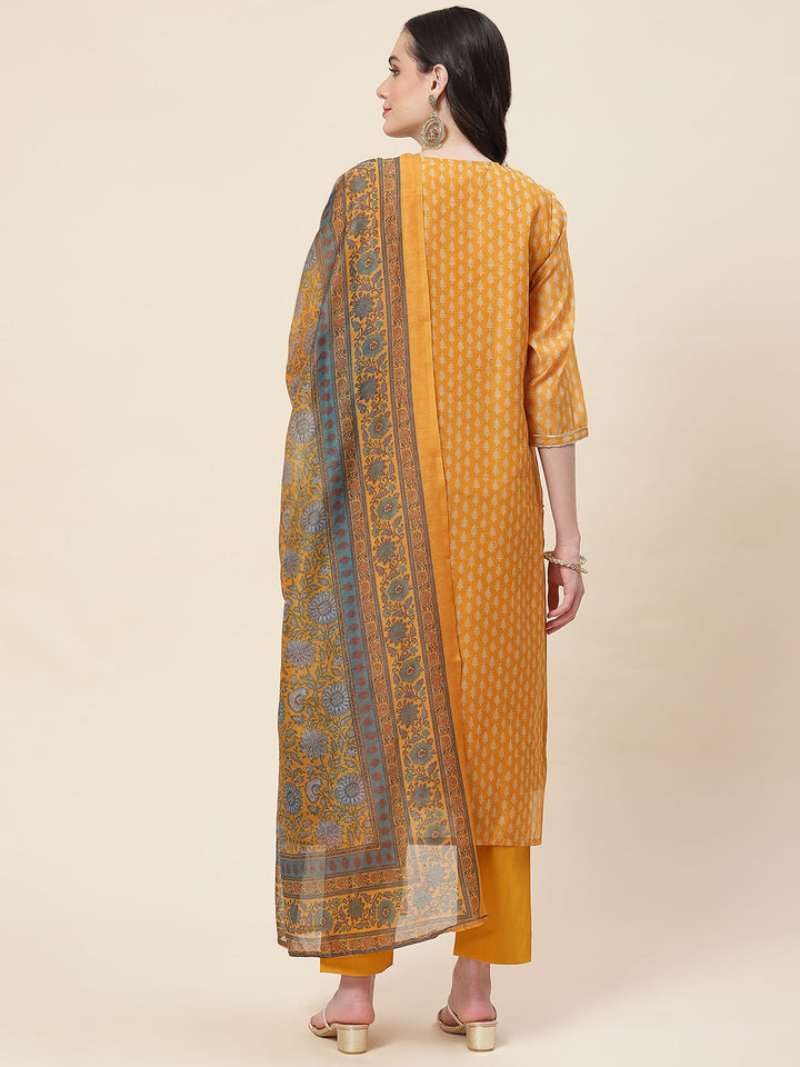 Printed &amp; Neck Embroidered Chanderi Kurta With Pants &amp; Dupatta
