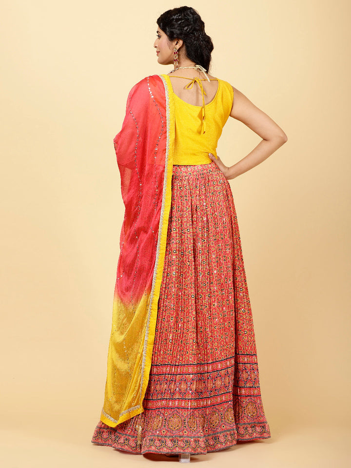 Printed &amp; Embroidered Crepe Choli With Lehenga &amp; Dupatta