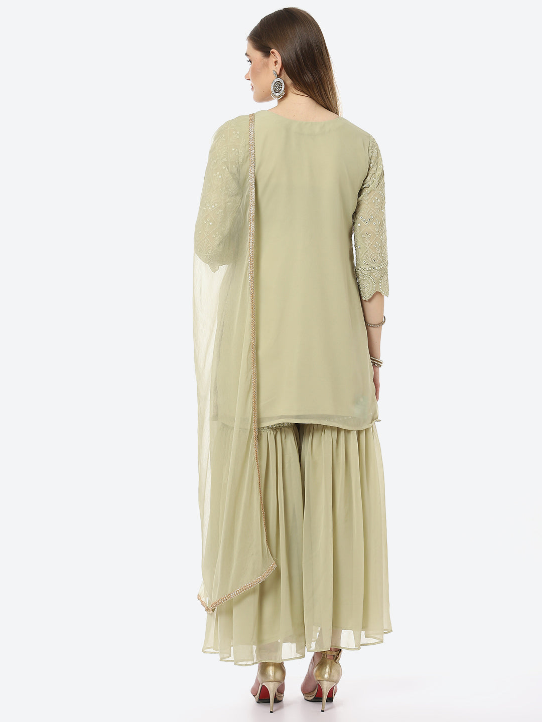Resham Jaal Georgette Kurta With Garara &amp; Chiffon Dupatta