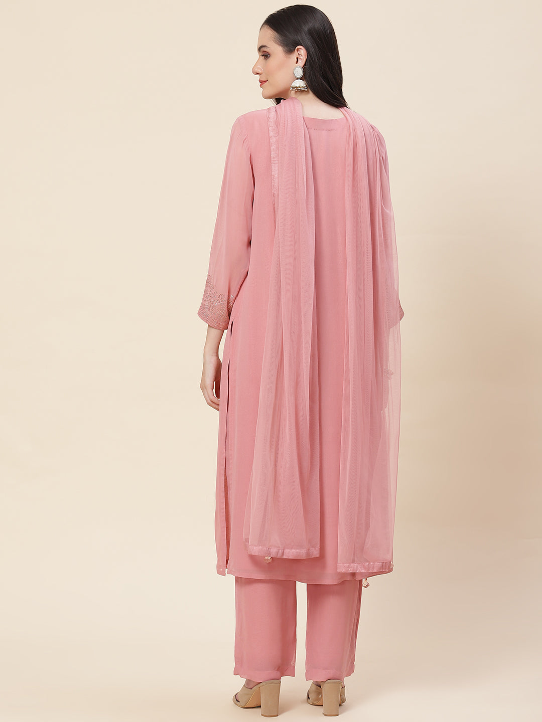 Neck Embellished Georgette Kurta With Palazzo &amp; Dupatta