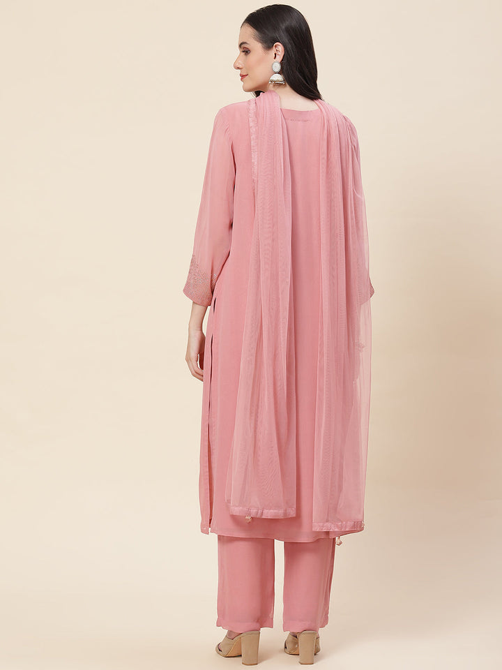 Neck Embellished Georgette Kurta With Palazzo &amp; Dupatta