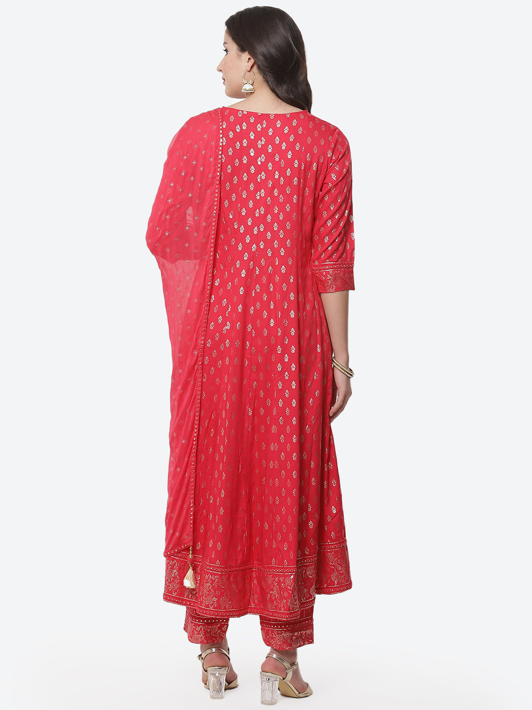 Printed Zari Neck Cotton Stitched Anarkali Salwar Kameez With Chiffon Dupatta