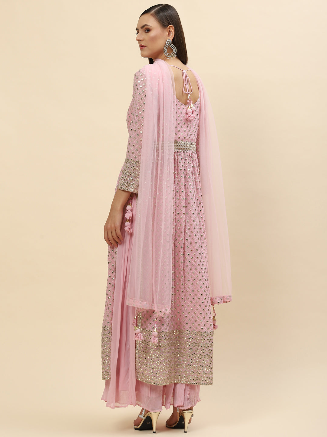 Mirror Embroidered Georgette Kurta With Palazzo &amp; Dupatta