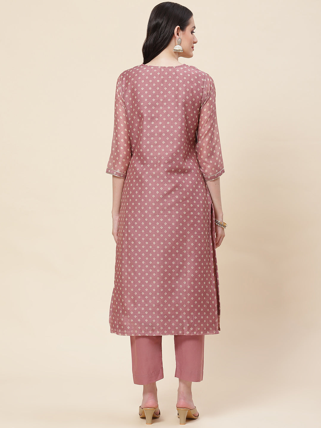 Printed &amp; Neck Embroidered Chanderi Kurta With Pants