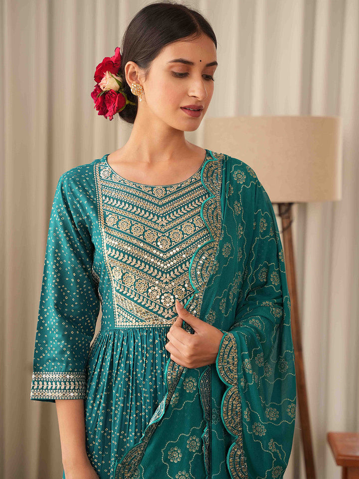 Bandhani Embroidered Rayon Kurta With Pants &amp; Dupatta