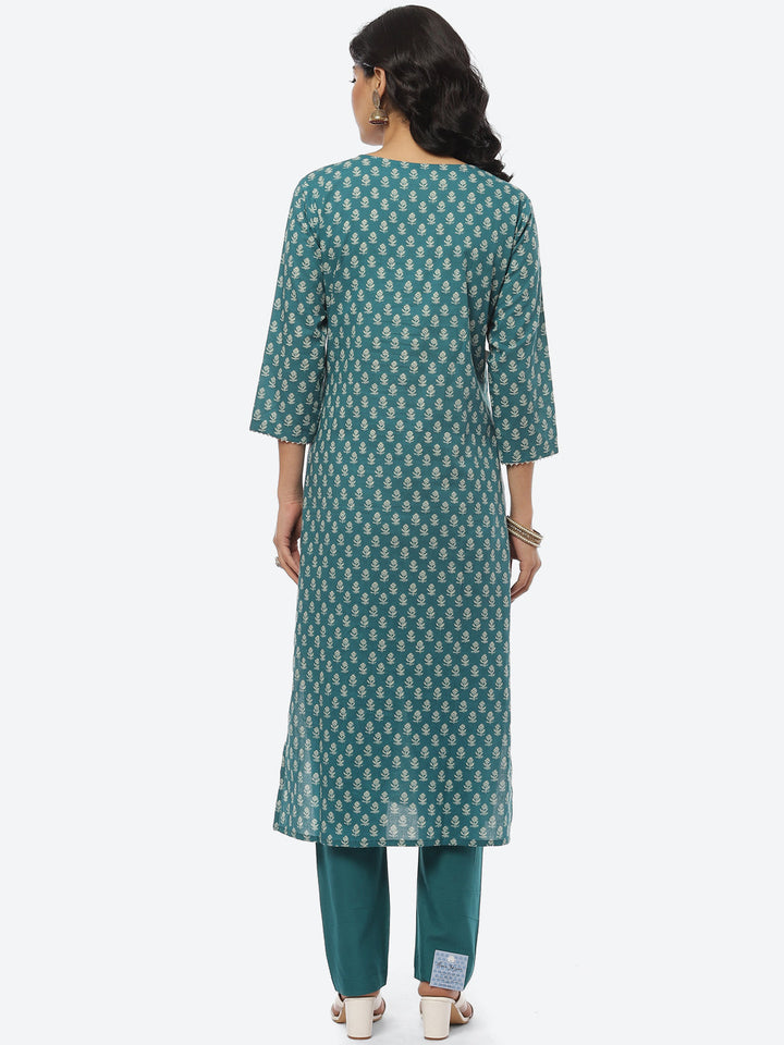 Printed Zari Neck Cotton Kurti With Pant