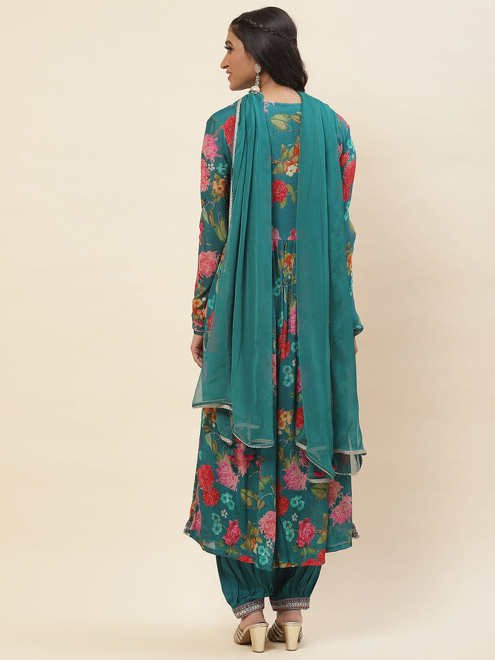 Floral Printed Chiffon Kurta With Pants &amp; Dupatta