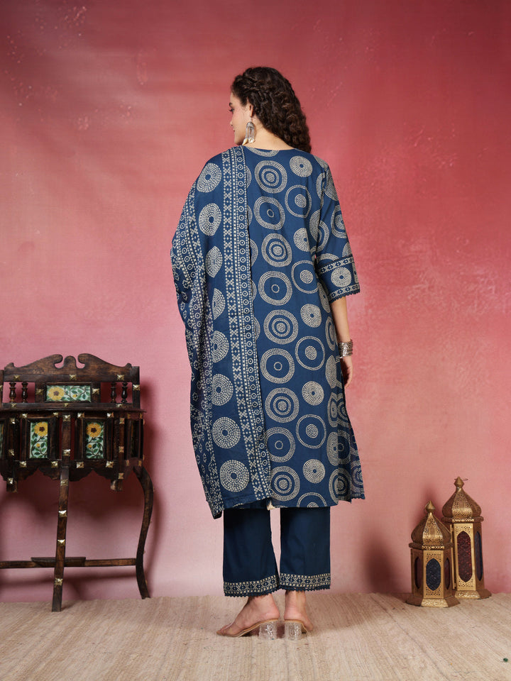 Teal Blue Cotton Blend Printed Straight Suit Set