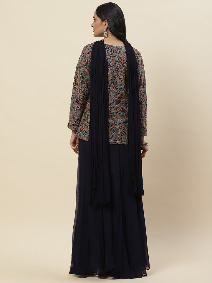 Embroidered Georgette Jacket Style Top With Palazzo &amp; dupatta