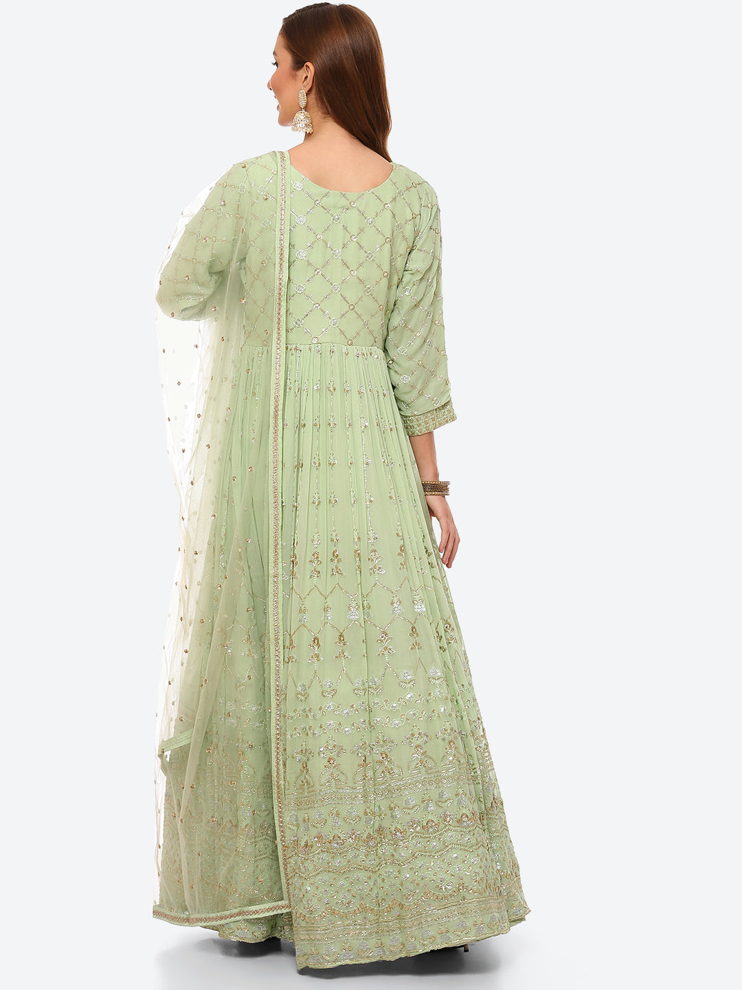 Sequin Work Georgette Anarkali Kurta With Churidar &amp; Net Dupatta