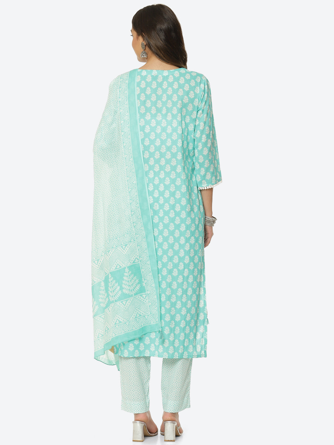Floral Printed Cotton Kurta With Pant & Dupatta