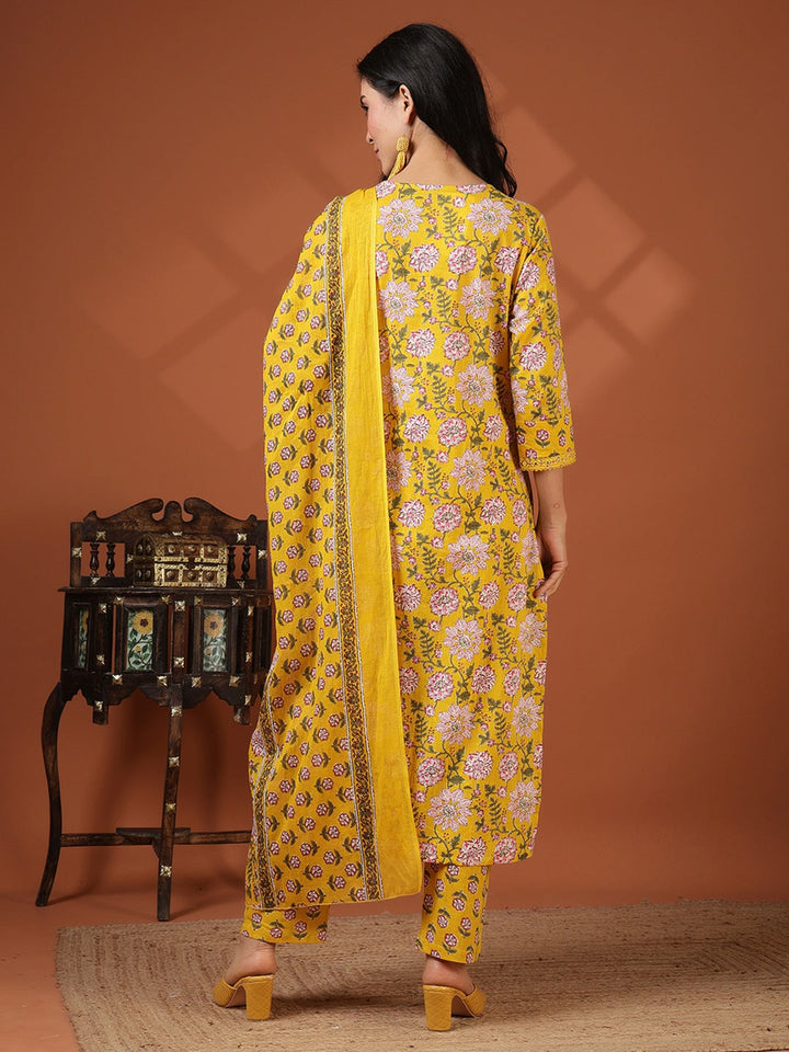 Printed Cotton Blend Kurta With Pant &amp; Dupatta