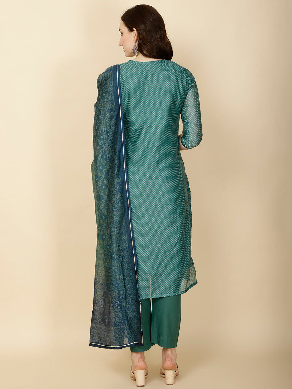 Neck Gota Patti & Printed Chanderi Kurta With Pants & Dupatta