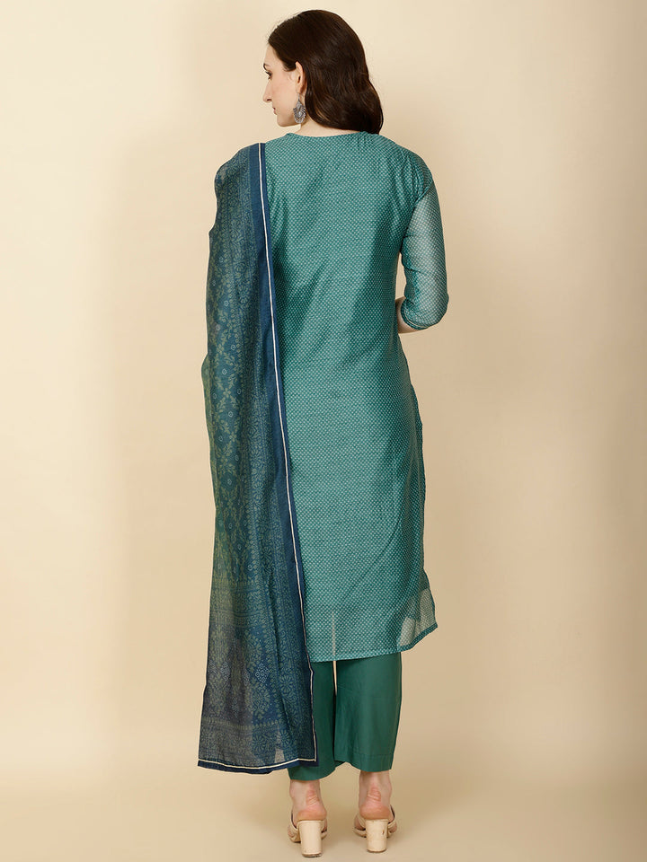 Neck Gota Patti &amp; Printed Chanderi Kurta With Pants &amp; Dupatta