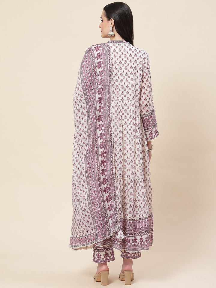 Floral Printed Cotton Kurta With Pants &amp; Dupatta