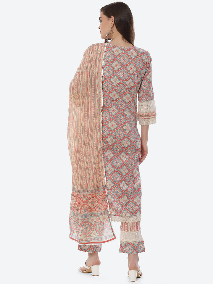 Printed Cotton Kurta With Pant &amp; Cotton Dupatta